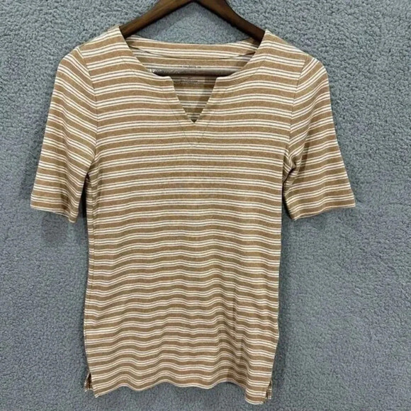 Talbots top womens XS beige striped‎ half sleeve tee cotton v neck costal beach - Picture 1 of 5